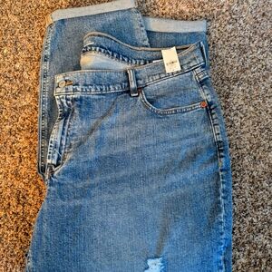 Woman's Blue Dstressed Boyfriend Jeans Sz 22 (46"x 26" Rolled Cuff )  Old Navy